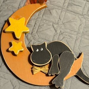 Primitive rustic wood cat in moon with stars Halloween